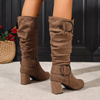 Sylvie Slouch Knee High Boots – Ruched Shaft Fold Over Cuff Tall Block Heel With Twin Ring Buckles