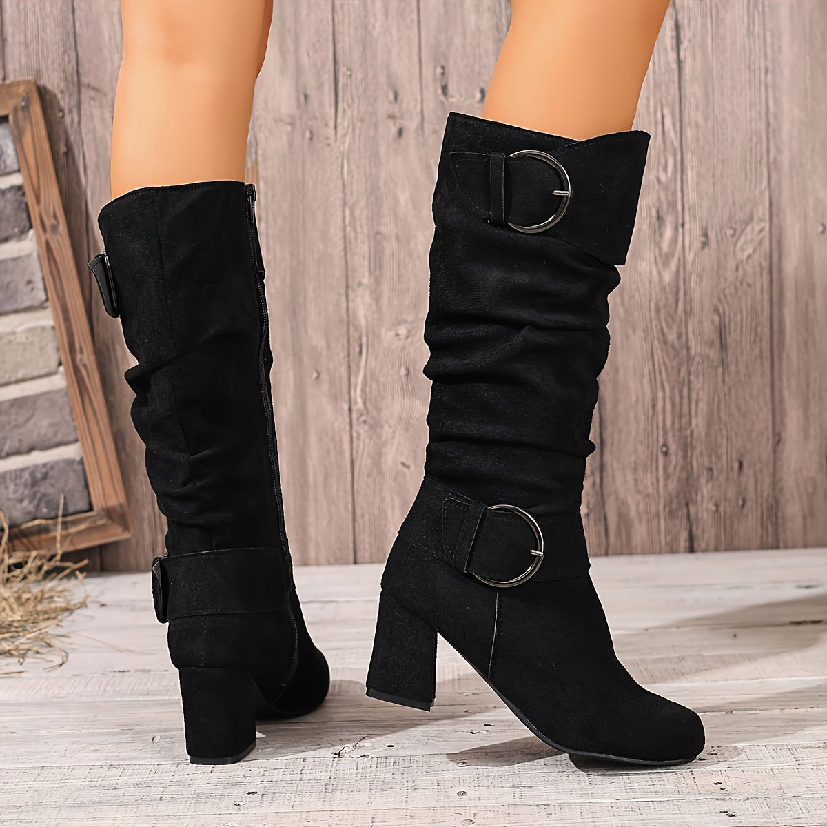 Sylvie Slouch Knee High Boots – Ruched Shaft Fold Over Cuff Tall Block Heel With Twin Ring Buckles