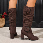 Sylvie Slouch Knee High Boots – Ruched Shaft Fold Over Cuff Tall Block Heel With Twin Ring Buckles
