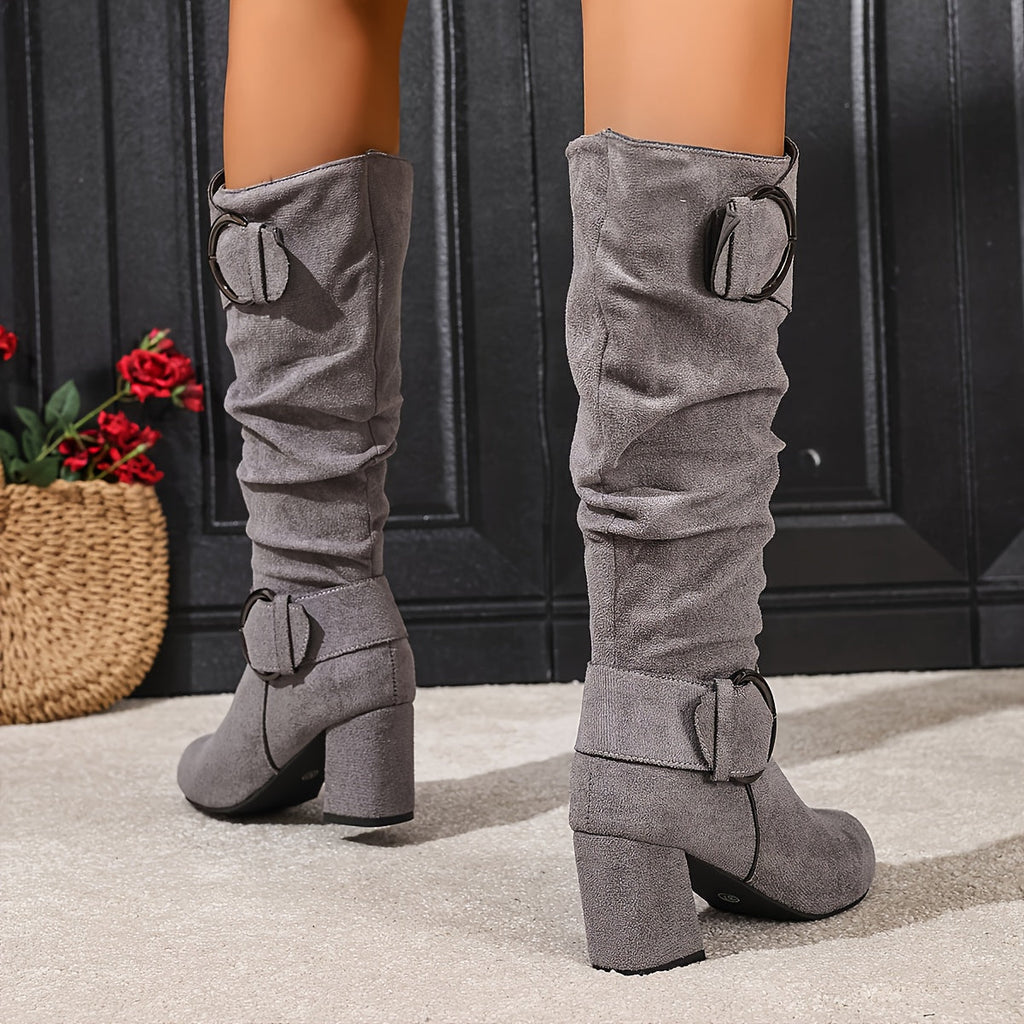 Sylvie Slouch Knee High Boots – Ruched Shaft Fold Over Cuff Tall Block Heel With Twin Ring Buckles