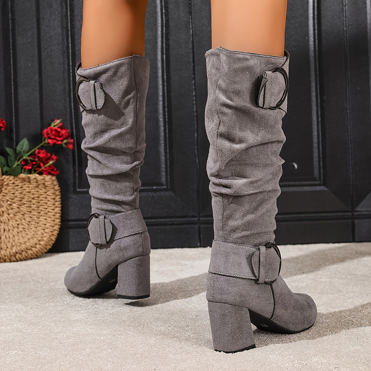 Sylvie Slouch Knee High Boots – Ruched Shaft Fold Over Cuff Tall Block Heel With Twin Ring Buckles