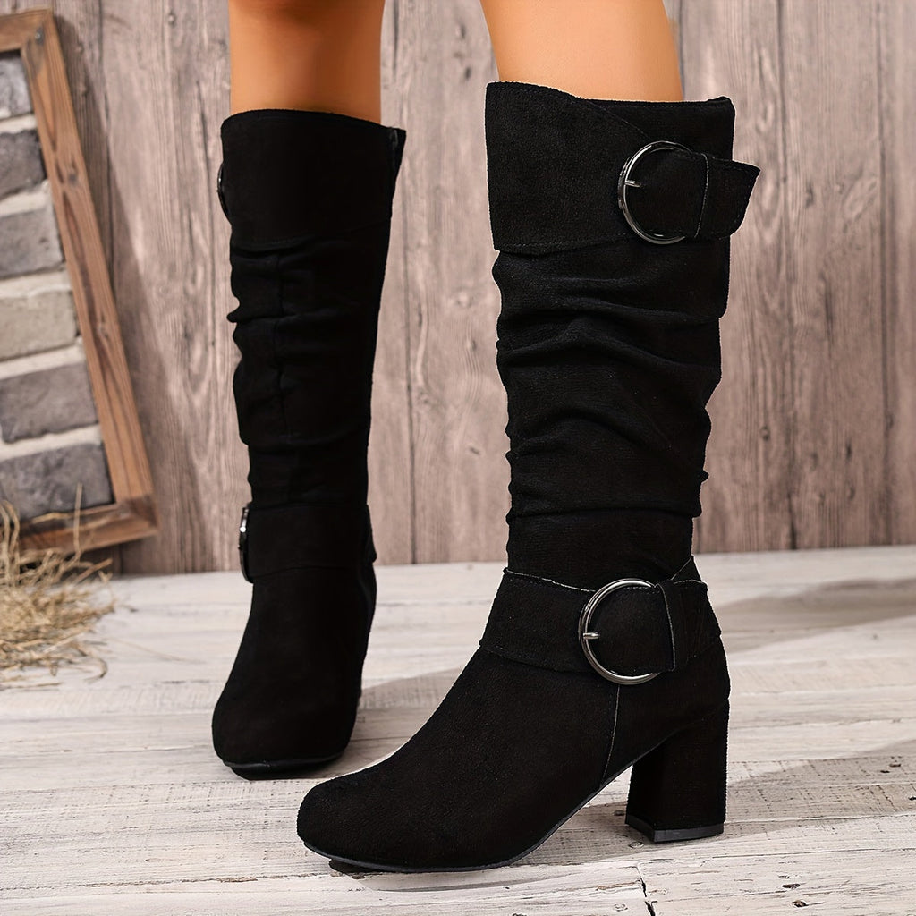 Sylvie Slouch Knee High Boots – Ruched Shaft Fold Over Cuff Tall Block Heel With Twin Ring Buckles