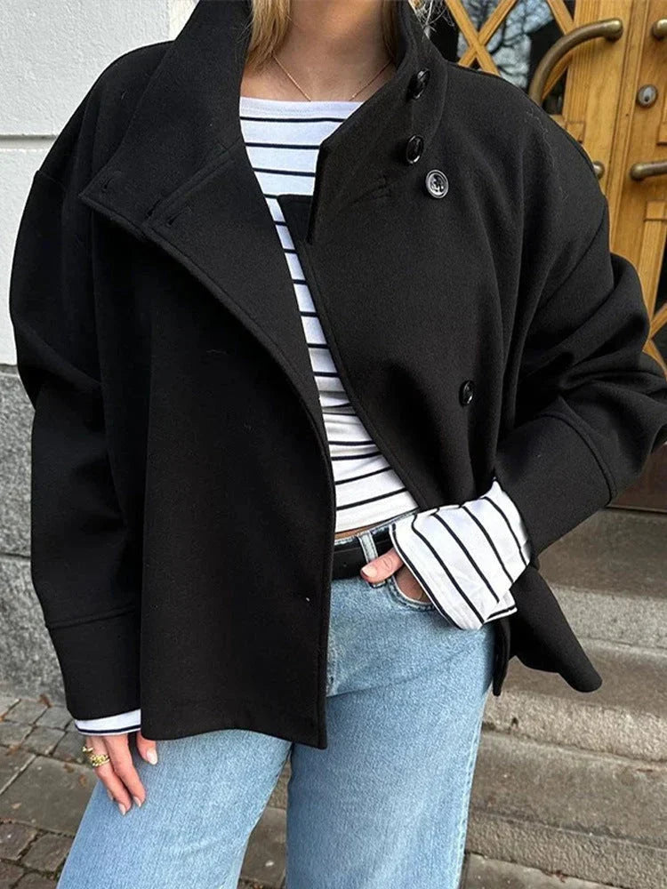Kelsey | Women's Peacoat Cropped Double-Breasted Wool-Blend Stand Collar Structured Warm Tailored Smart Occasion Everyday Autumn