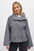 Kelsey | Women's Peacoat Cropped Double-Breasted Wool-Blend Stand Collar Structured Warm Tailored Smart Occasion Everyday Autumn
